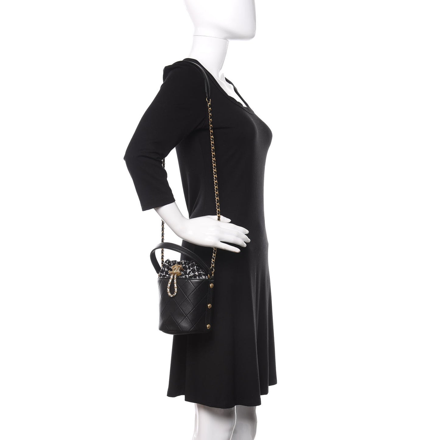 Calfskin Tweed Small CC Chain Bucket Drawstring Bag Black Multicolor
