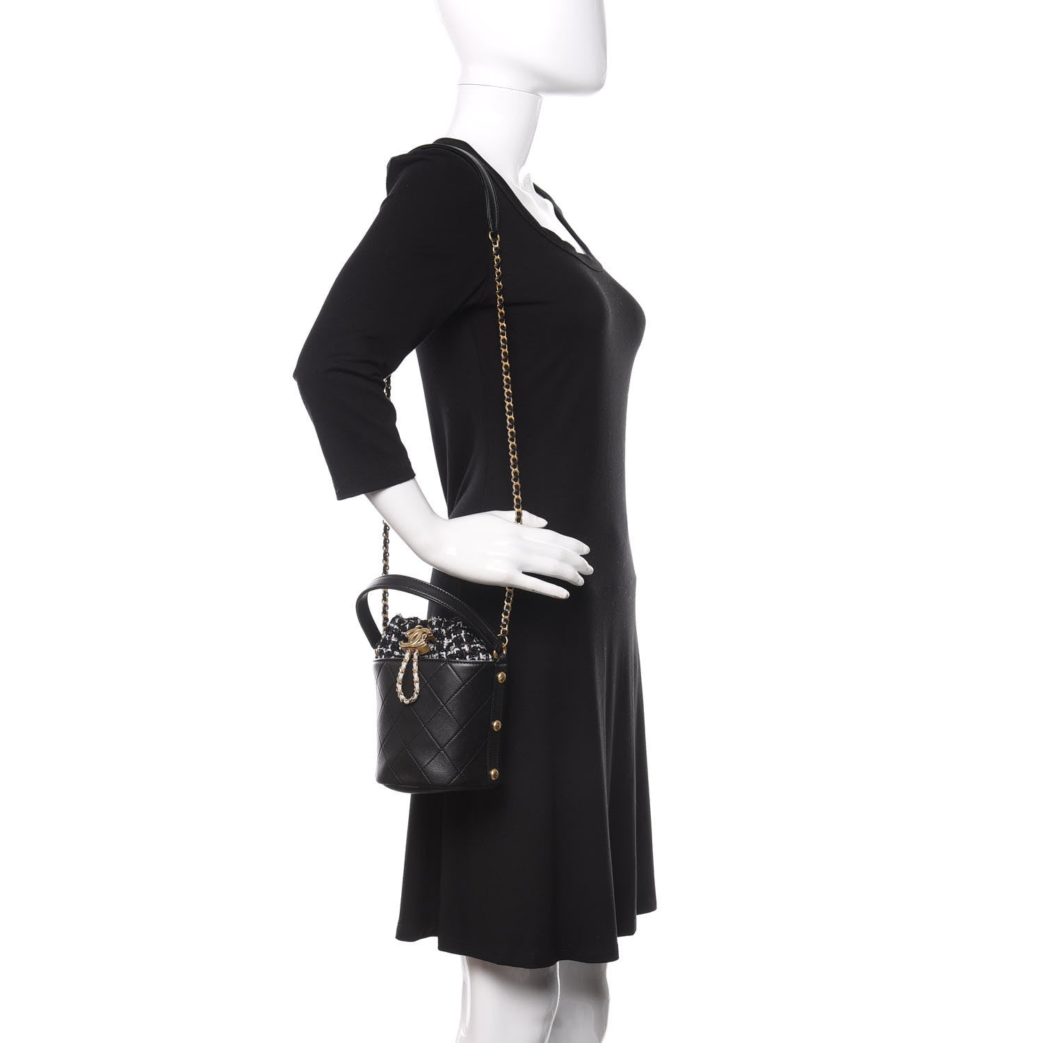 Chanel Calfskin Tweed Small CC Chain Bucket Drawstring Bag Black Multicolor 2 of 11