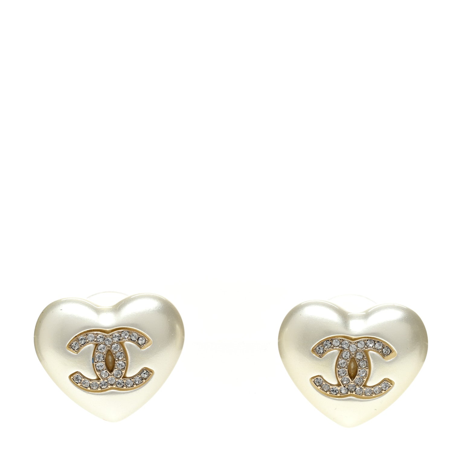 Chanel Pearl Crystal CC Heart Earrings Gold 1 of 5