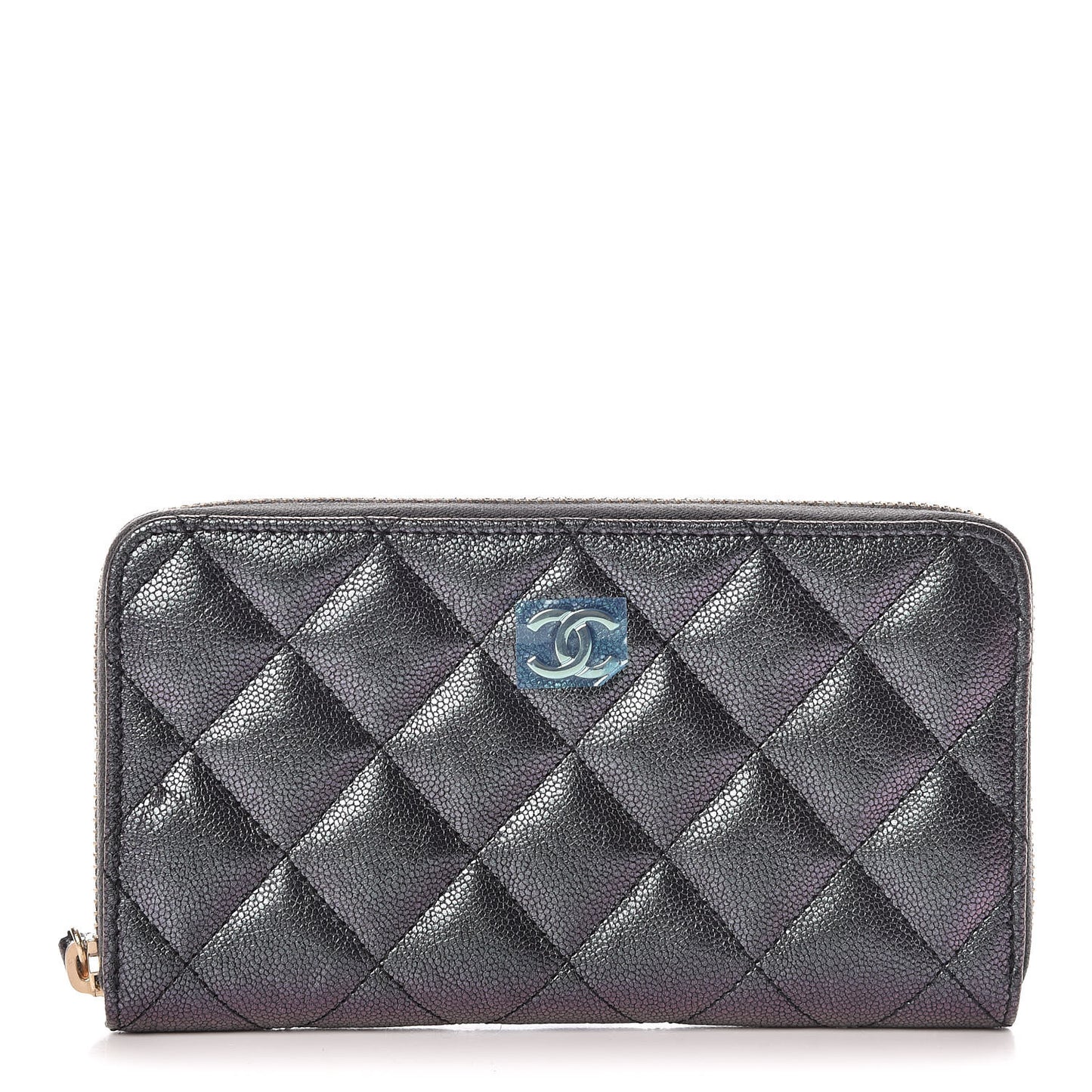 Iridescent Caviar Quilted Medium Zip Around Wallet Black