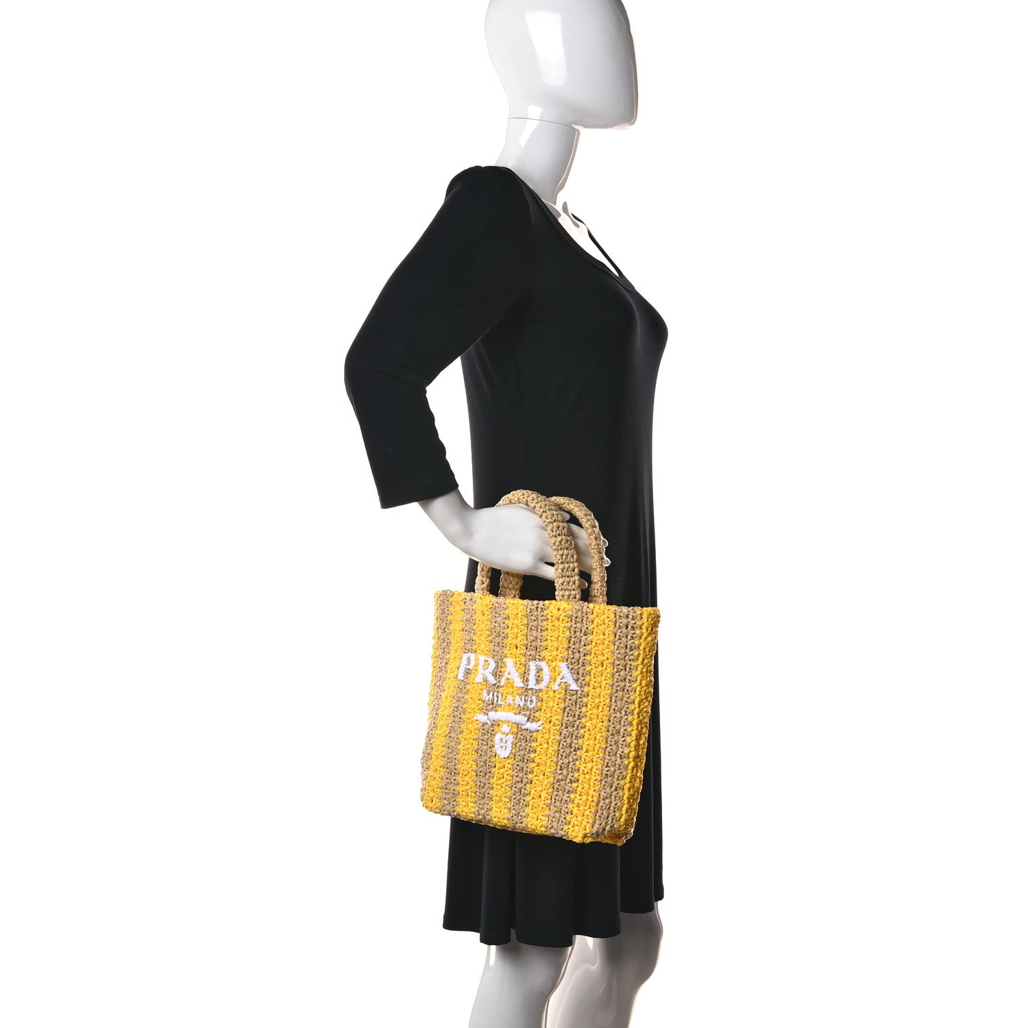 Prada Yarn Raffia Effect Crochet Striped Small Logo Tote Naturale Giallo 2 of 9