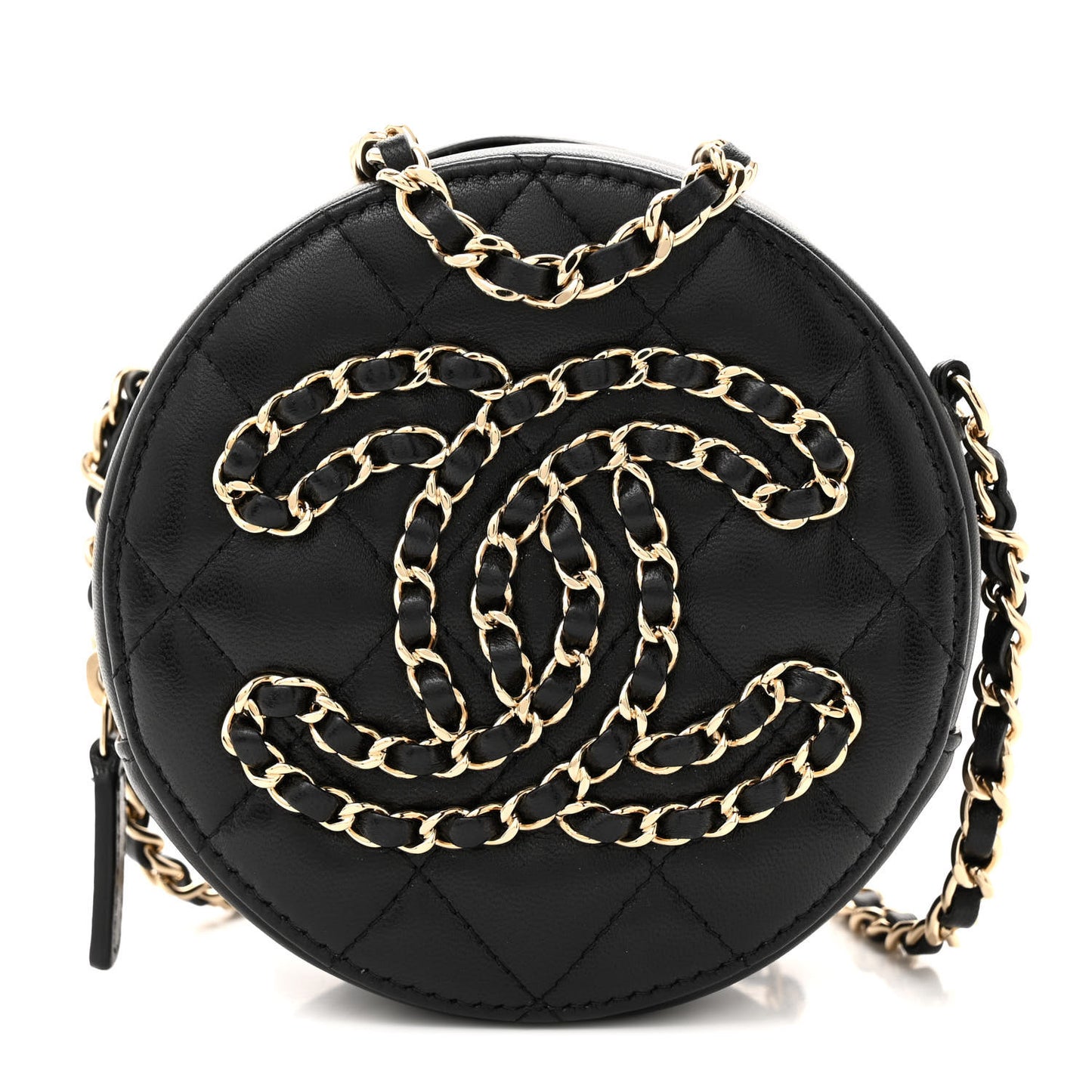 Lambskin Quilted Large CC Round Clutch With Chain Black