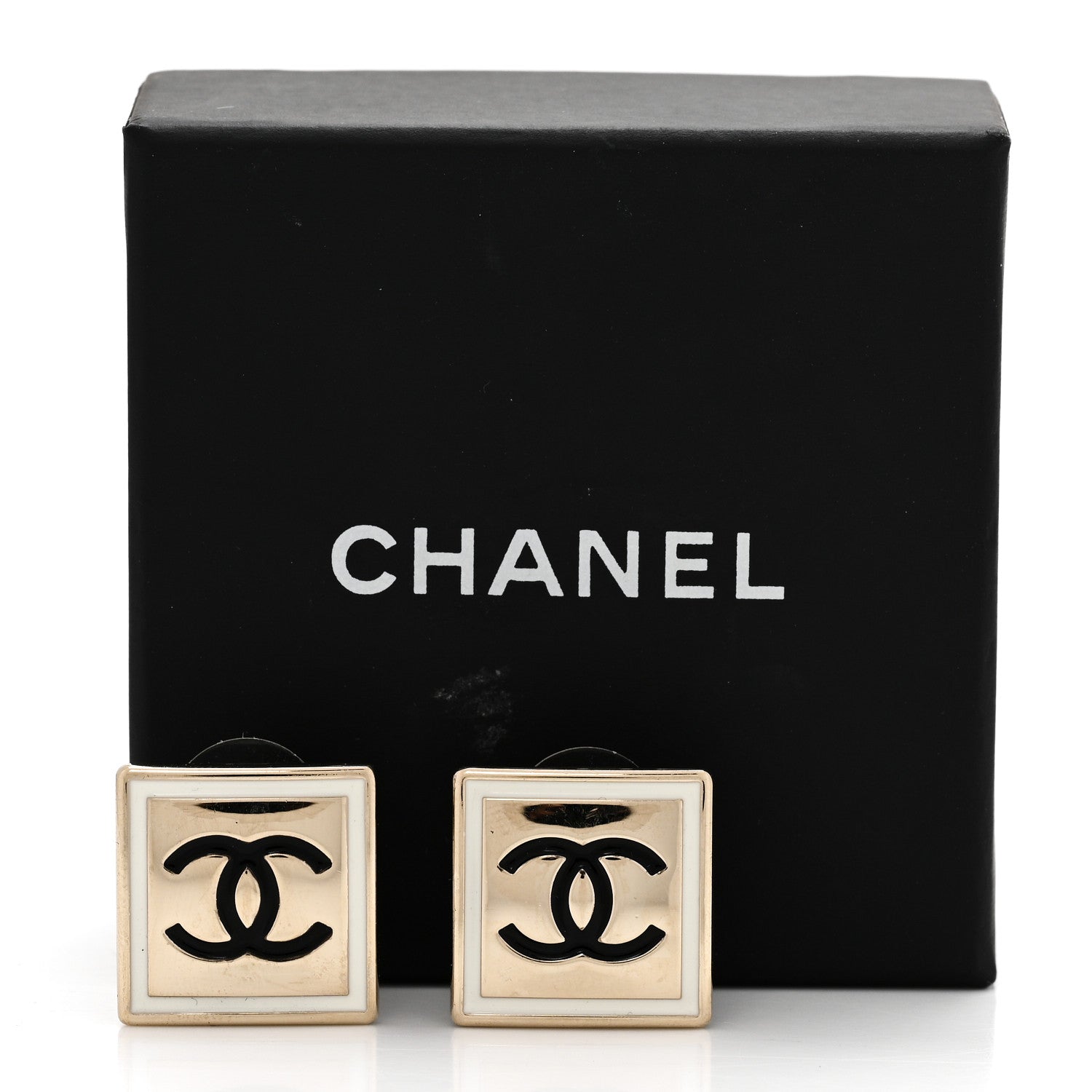 Chanel Metal Enamel CC Square Earrings Gold Black White 5 of 5