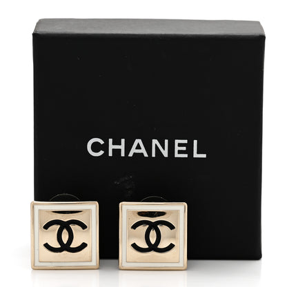 Chanel Metal Enamel CC Square Earrings Gold Black White 5 of 5