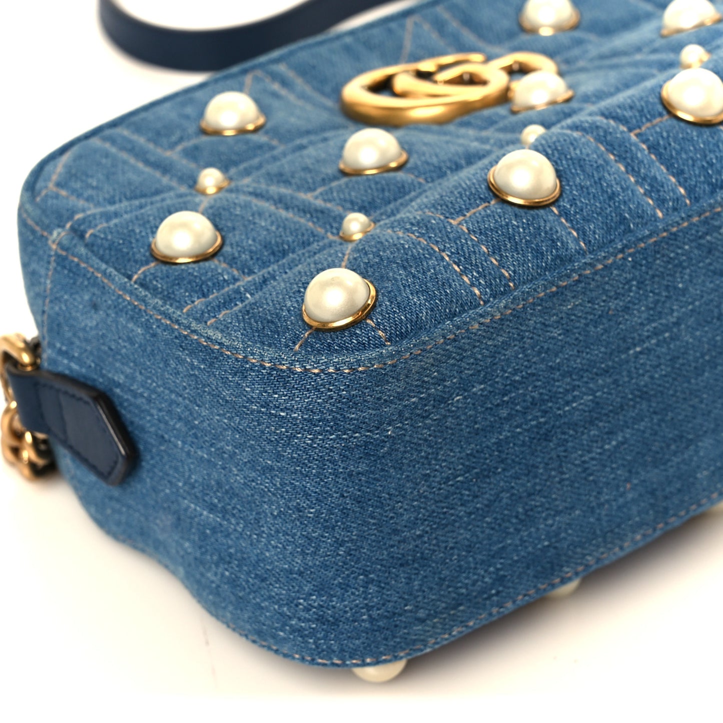 Denim Matelasse Pearl Studded Small GG Marmont Chain Shoulder Bag Blue