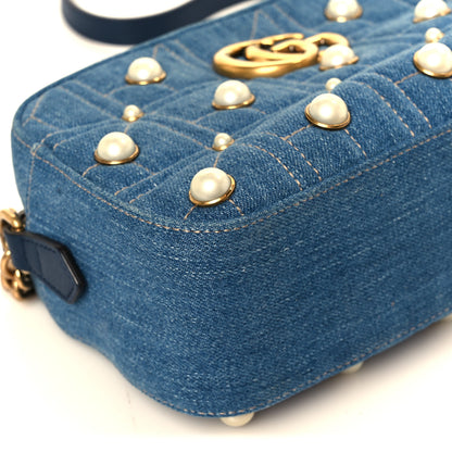 Gucci Denim Matelasse Pearl Studded Small GG Marmont Chain Shoulder Bag Blue 10 of 11
