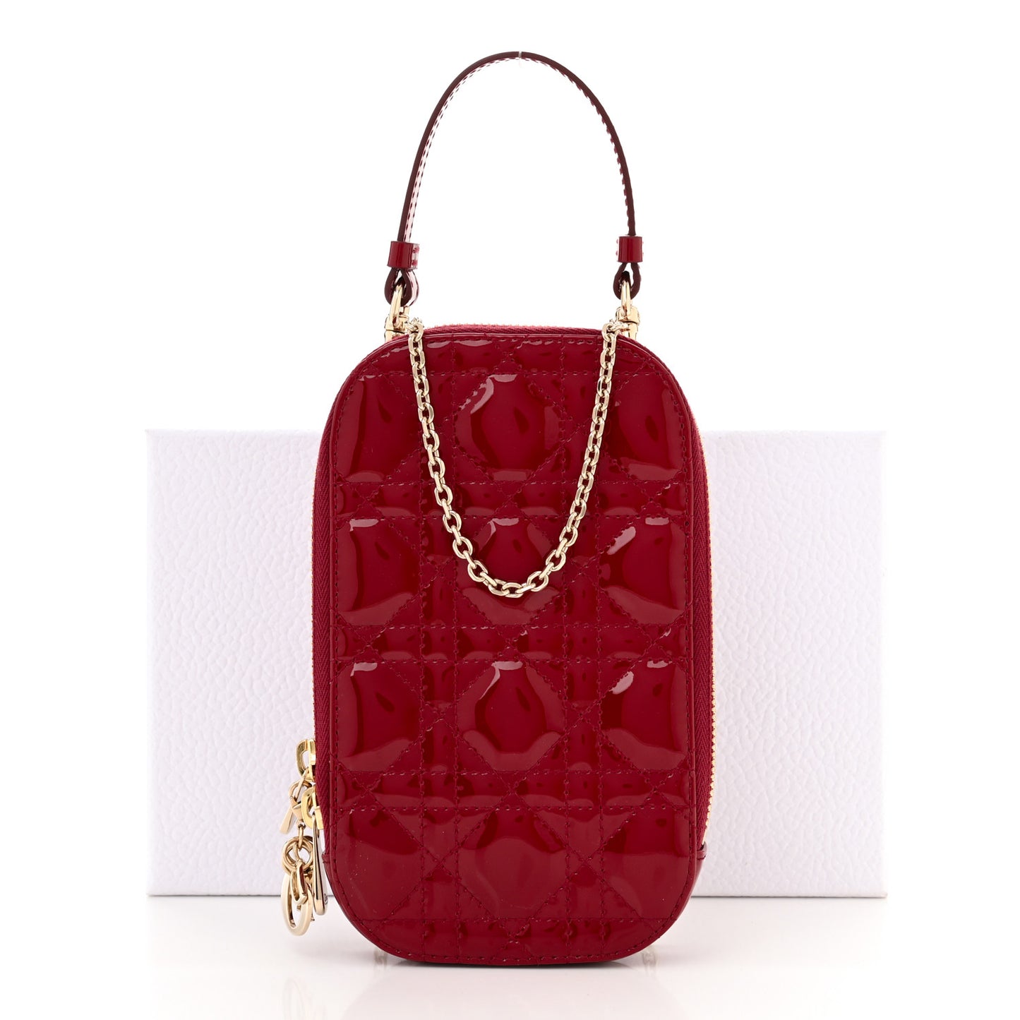 Patent Cannage Lady Dior Phone Holder Red