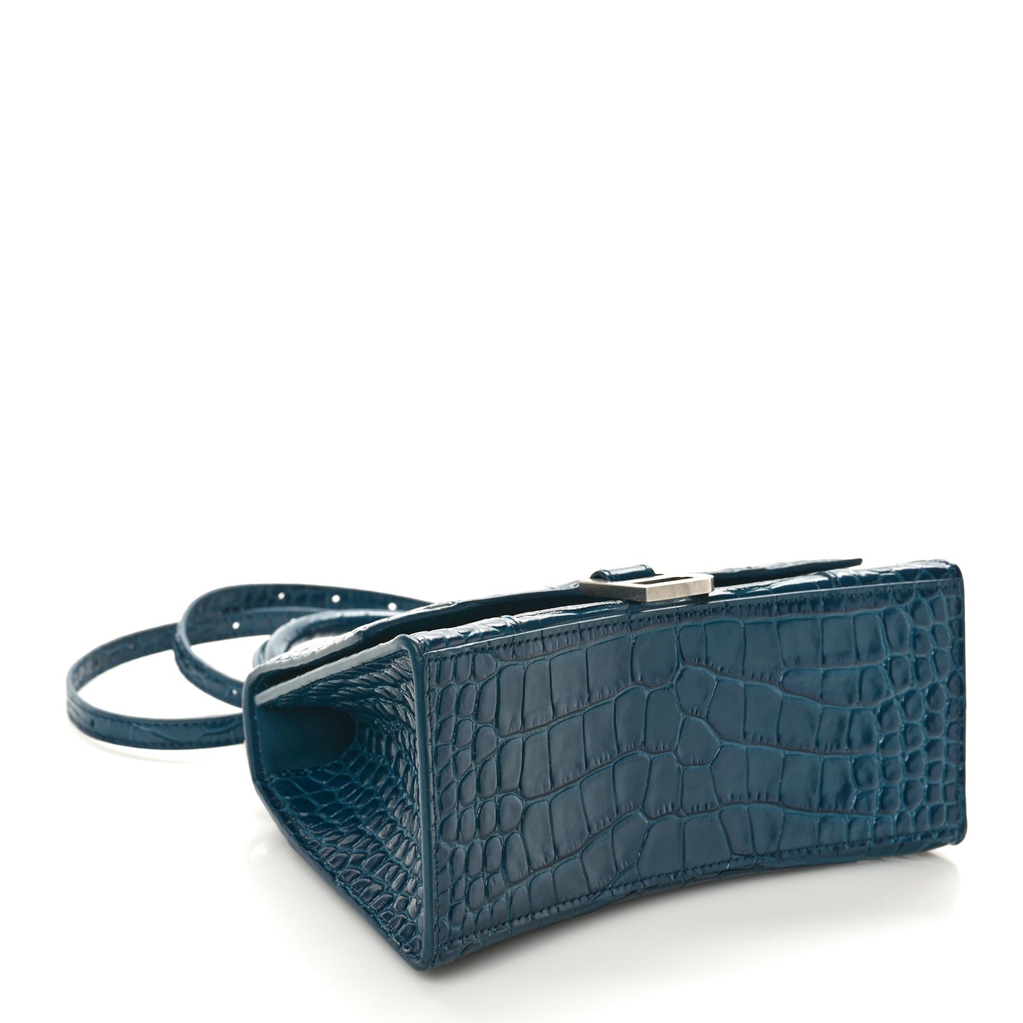 Shiny Calfskin Crocodile Embossed Small Hourglass Top Handle Bag Dark Petrol Blue