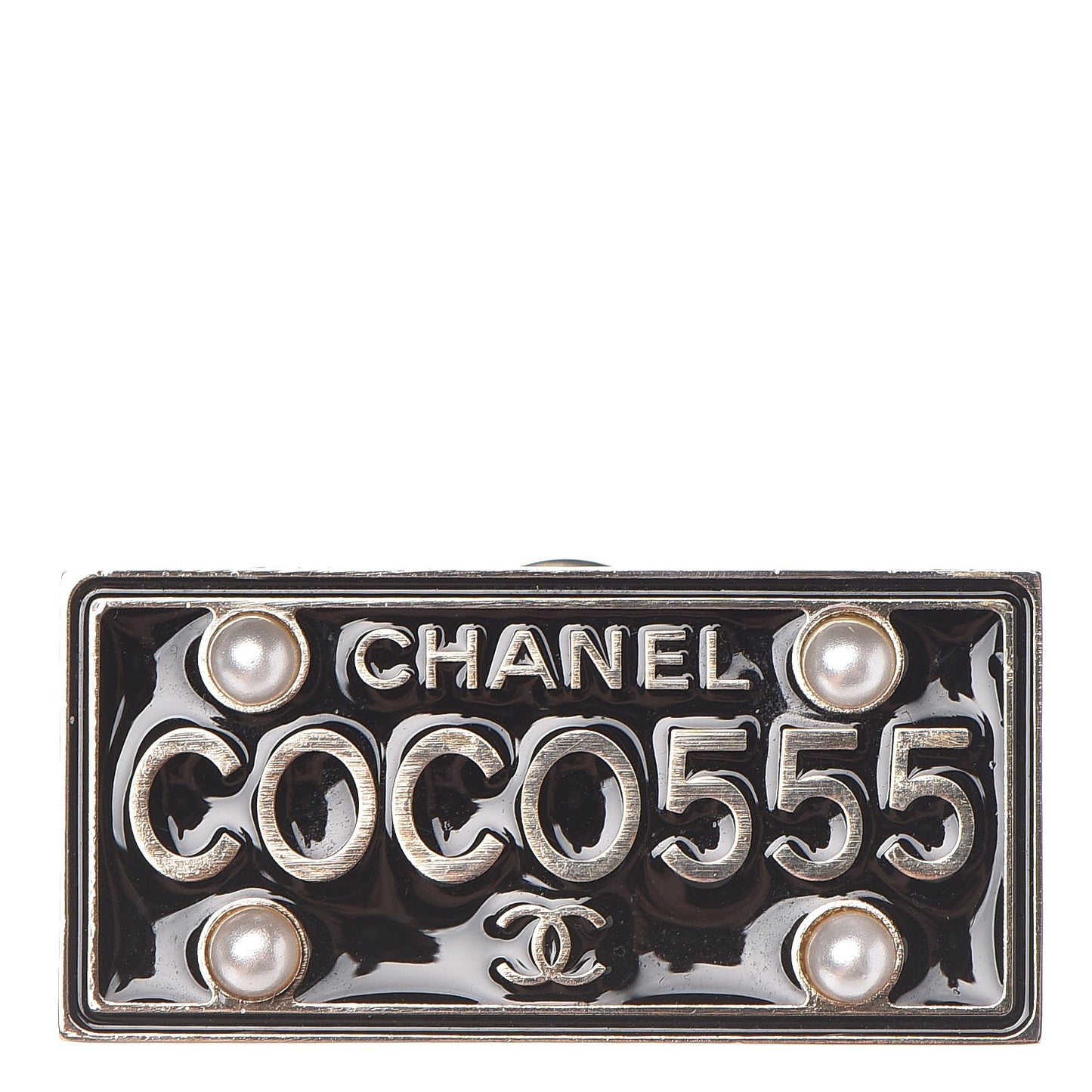 Metal Resin Pearl Coco License Plate Brooch Black Gold