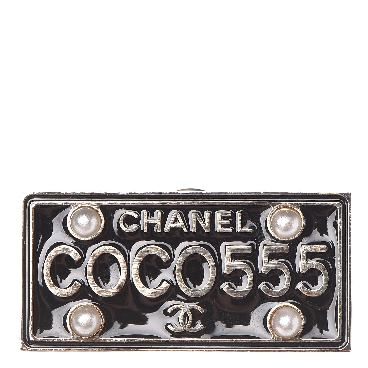 Chanel Metal Resin Pearl Coco License Plate Brooch Black Gold 1 of 5