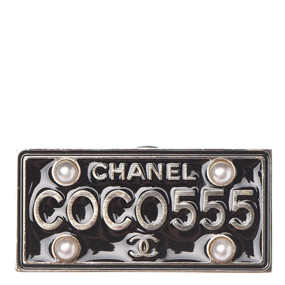 Chanel Metal Resin Pearl Coco License Plate Brooch Black Gold 1 of 5