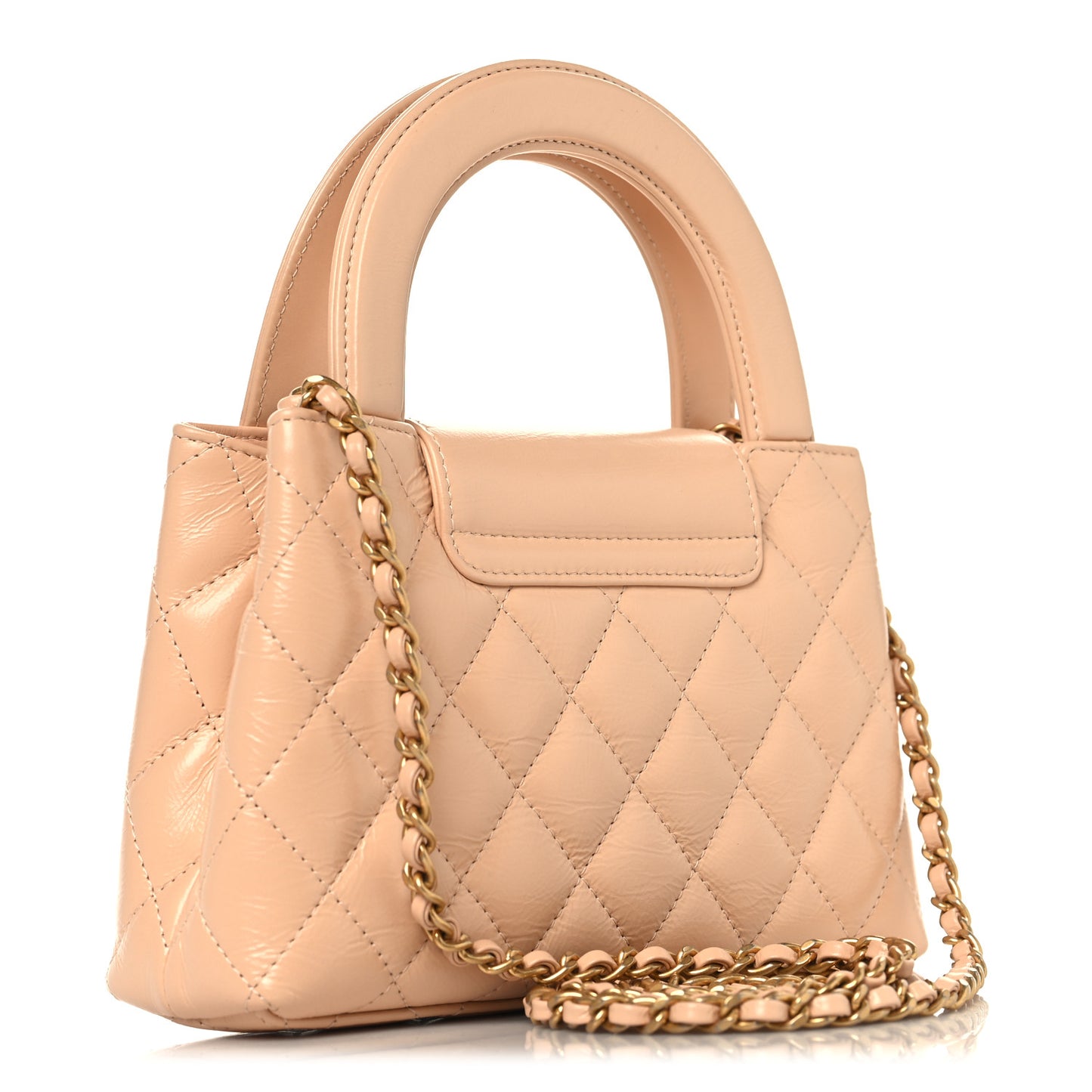 Shiny Aged Calfskin Quilted Nano Kelly Shopper Beige