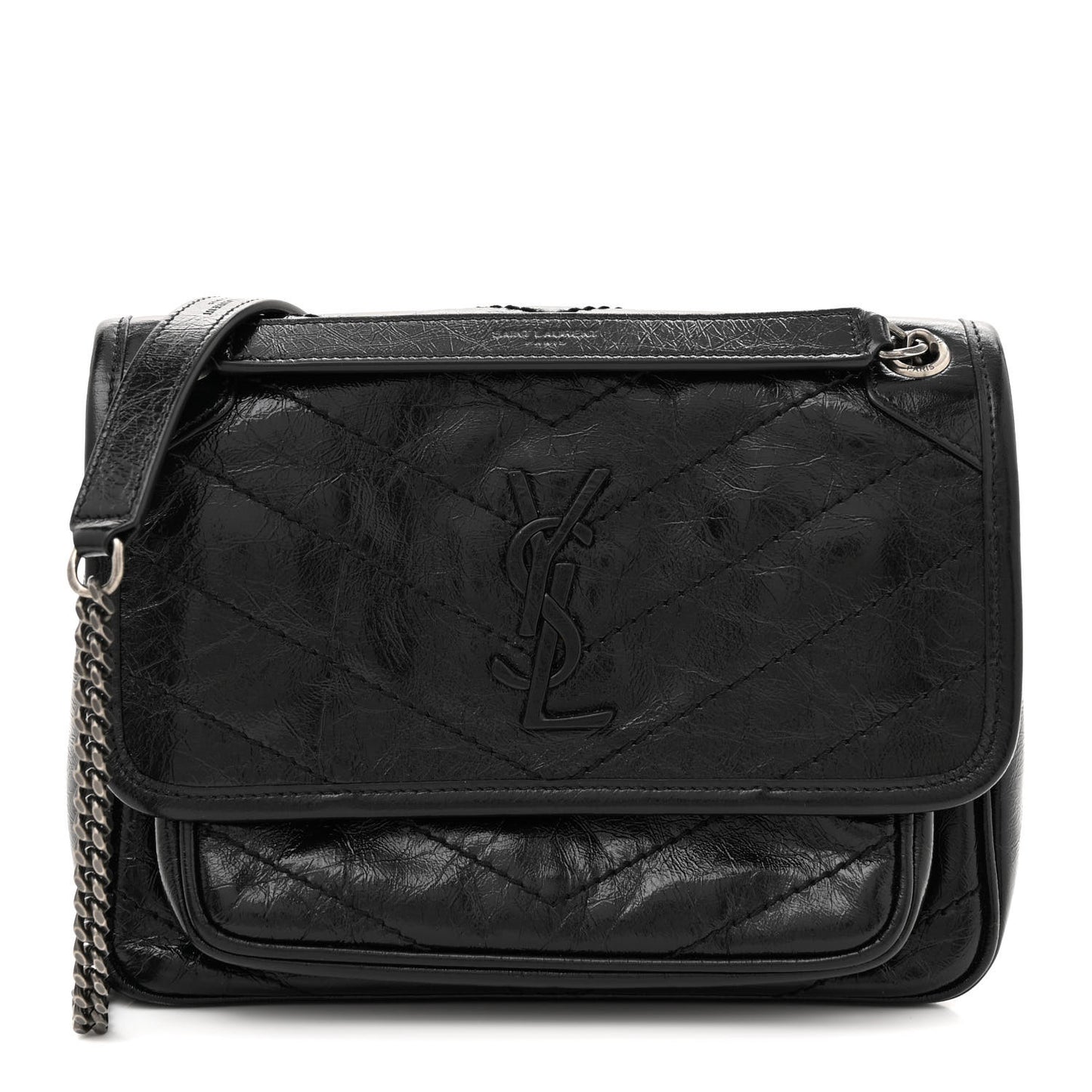 Crinkled Calfskin Matelasse Monogram Baby Niki Chain Satchel Black