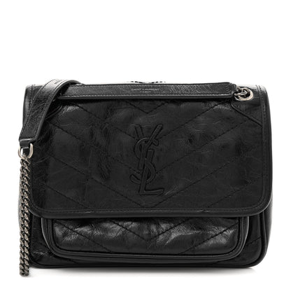 Saint Laurent Crinkled Calfskin Matelasse Monogram Baby Niki Chain Satchel Black 1 of 12