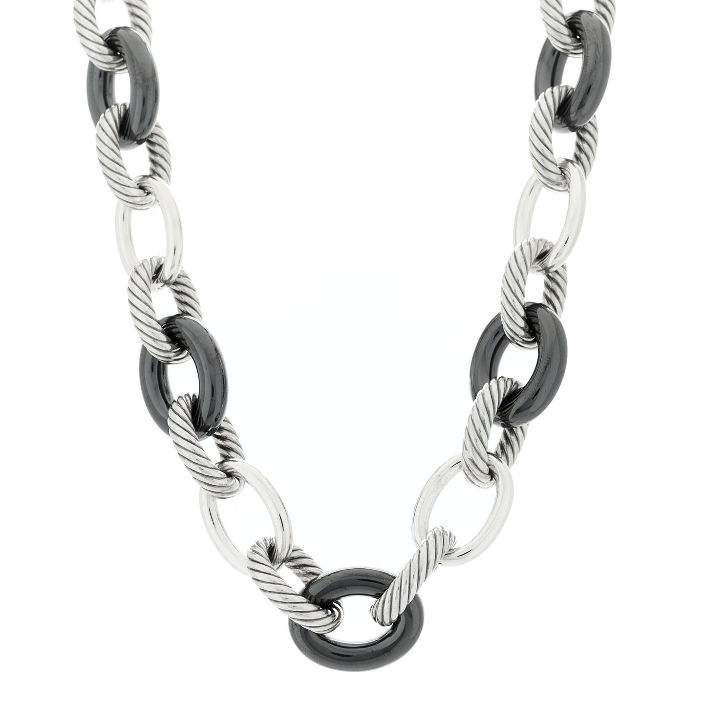 Sterling Silver Black Ceramic 18mm Large Oval Link Necklace Black