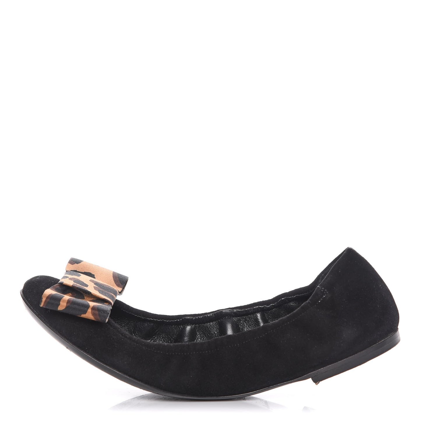 Suede Satin Leopard Mimi Bow Ballerina Flats 38.5 Black
