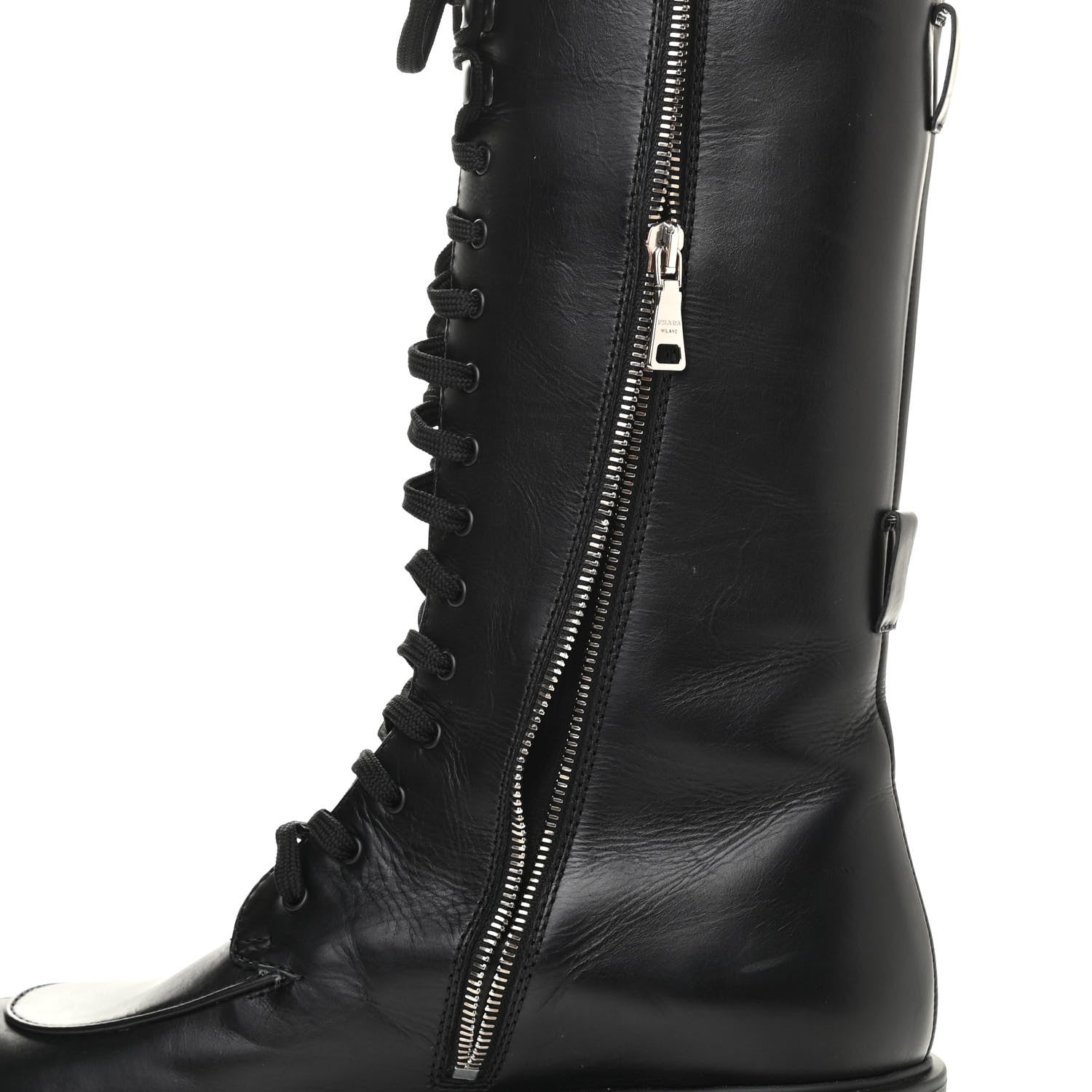 Prada Vitello Lux Nylon Metal Triangle Logo Monolith Pouch Pocket 55mm Tall Combat Boots 39.5 Black 11 of 12