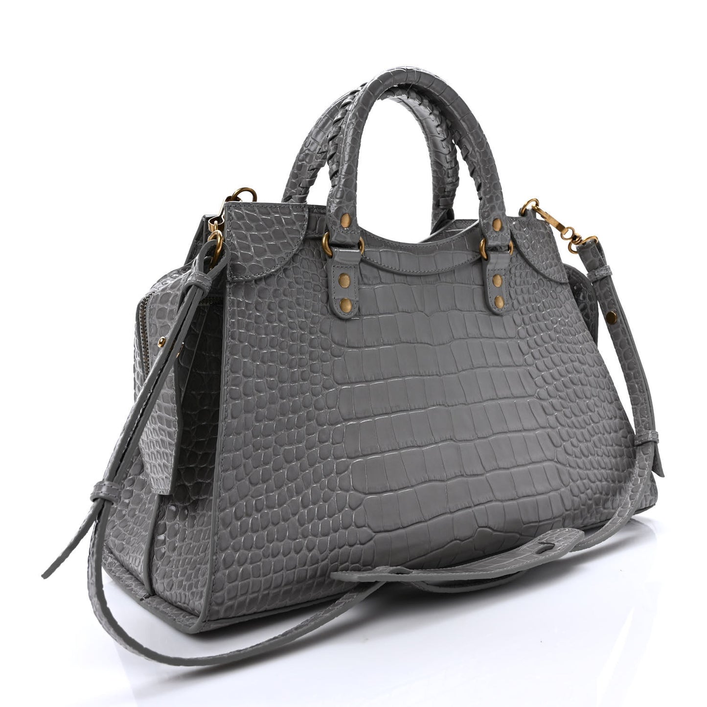 Shiny Supple Calfskin Crocodile Embossed Brass Hardware Neo Classic City Steel Grey