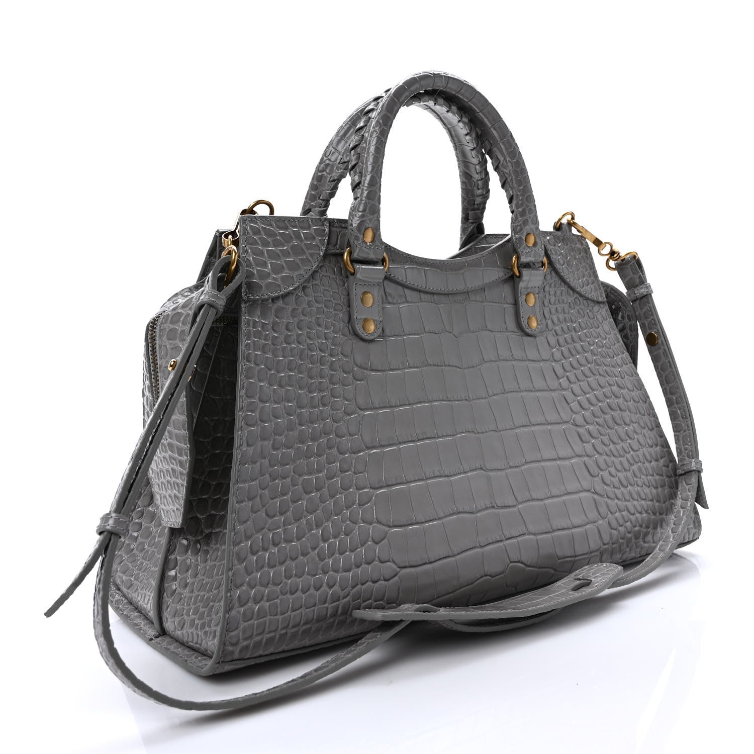 Balenciaga Shiny Supple Calfskin Crocodile Embossed Brass Hardware Neo Classic City Steel Grey 3 of 8