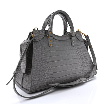 Balenciaga Shiny Supple Calfskin Crocodile Embossed Brass Hardware Neo Classic City Steel Grey 3 of 8