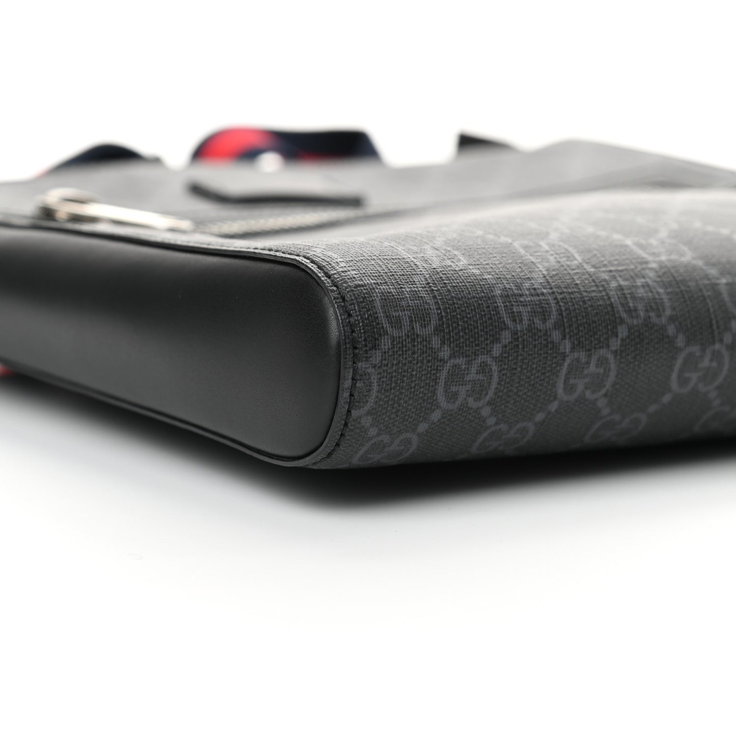 GG Supreme Monogram Appia Calfskin Web Flat Messenger Bag Black Grey