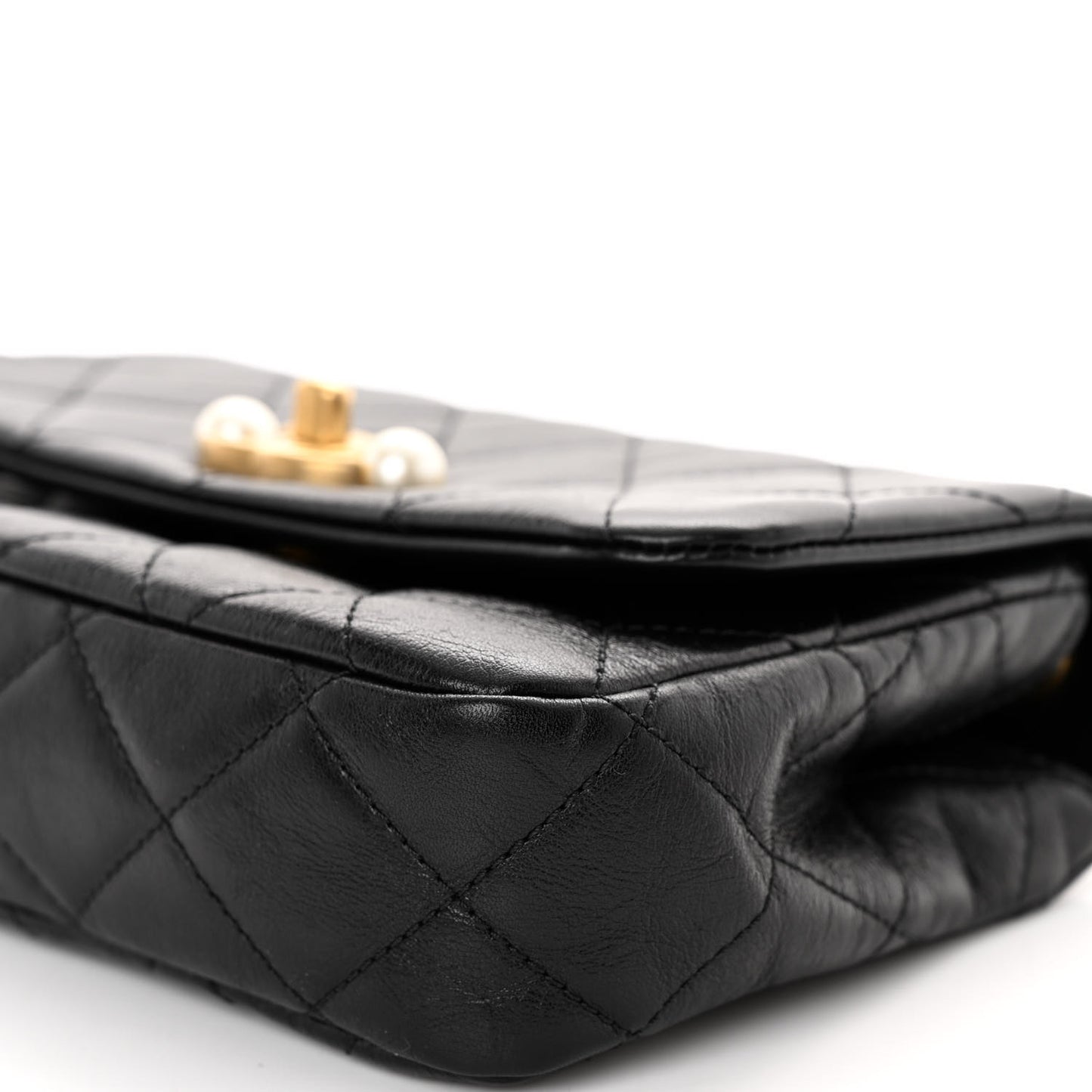 Glazed Calfskin Quilted Mini Pearl Side Flap Black
