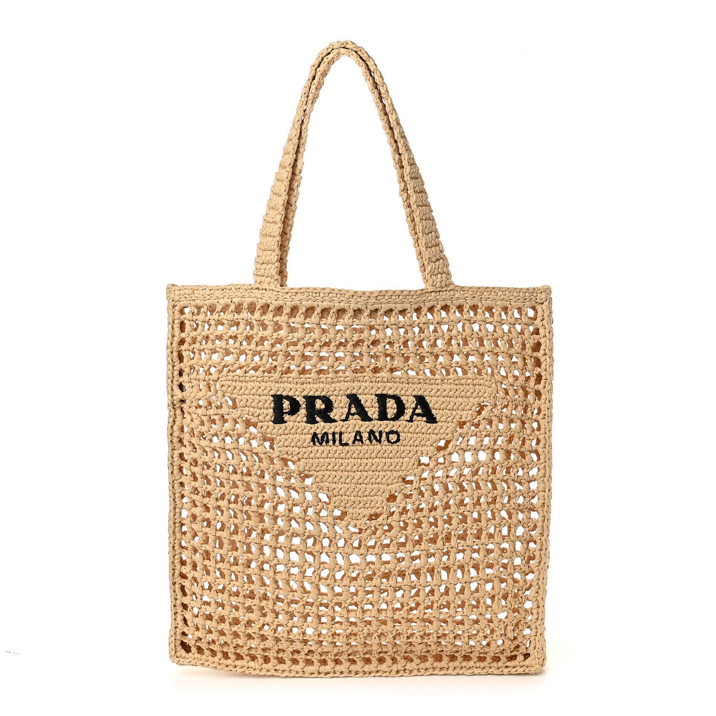 Yarn Raffia Effect Crochet Logo Embroidered Tote Bag Naturale