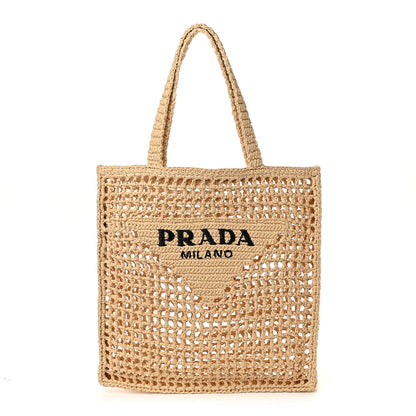 Prada Yarn Raffia Effect Crochet Logo Embroidered Tote Bag Naturale 1 of 10