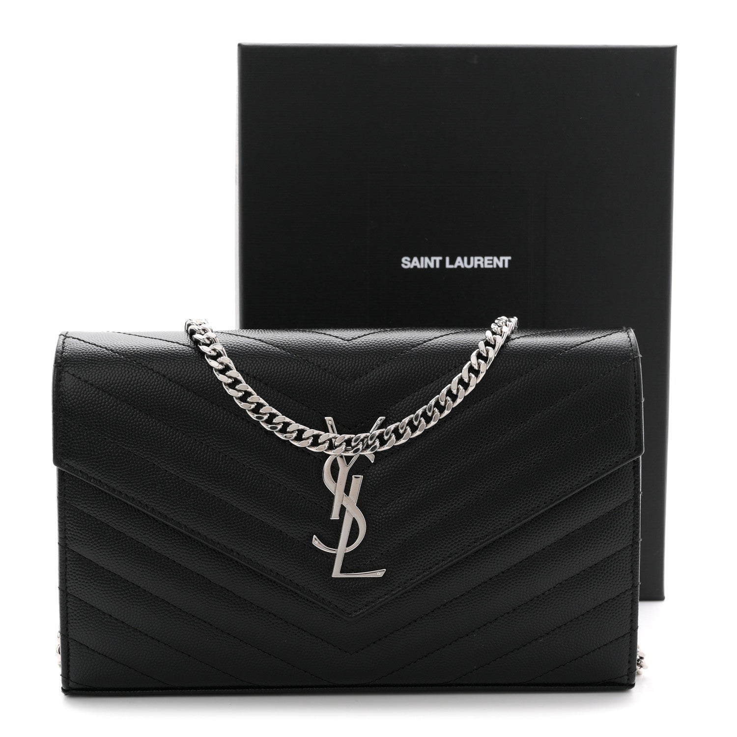 Saint Laurent Grain De Poudre Matelasse Chevron Monogram Chain Wallet Black 11 of 11