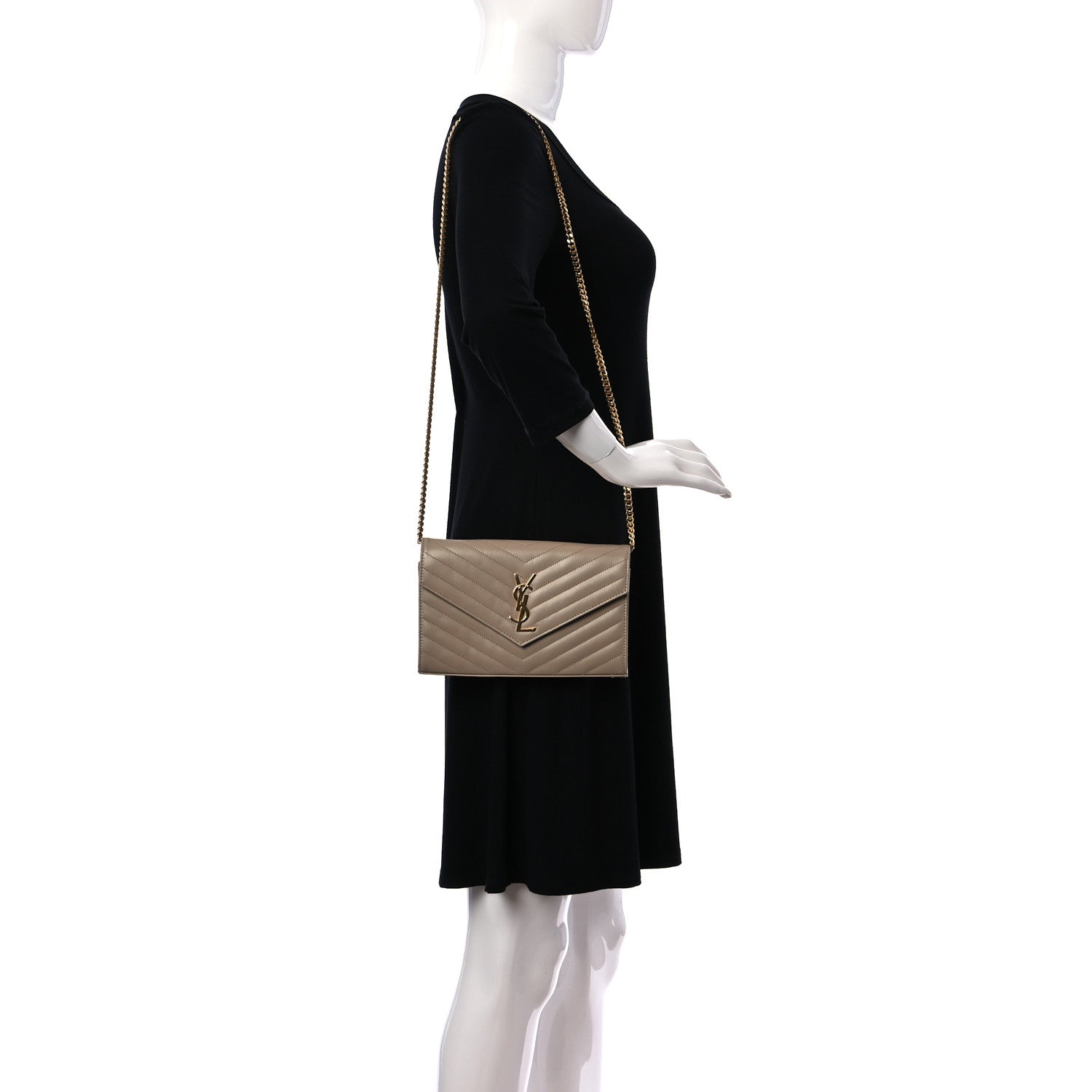 Saint Laurent Grain De Poudre Matelasse Chevron Monogram Chain Wallet Dark Beige 2 of 11