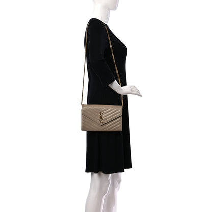 Saint Laurent Grain De Poudre Matelasse Chevron Monogram Chain Wallet Dark Beige 2 of 11