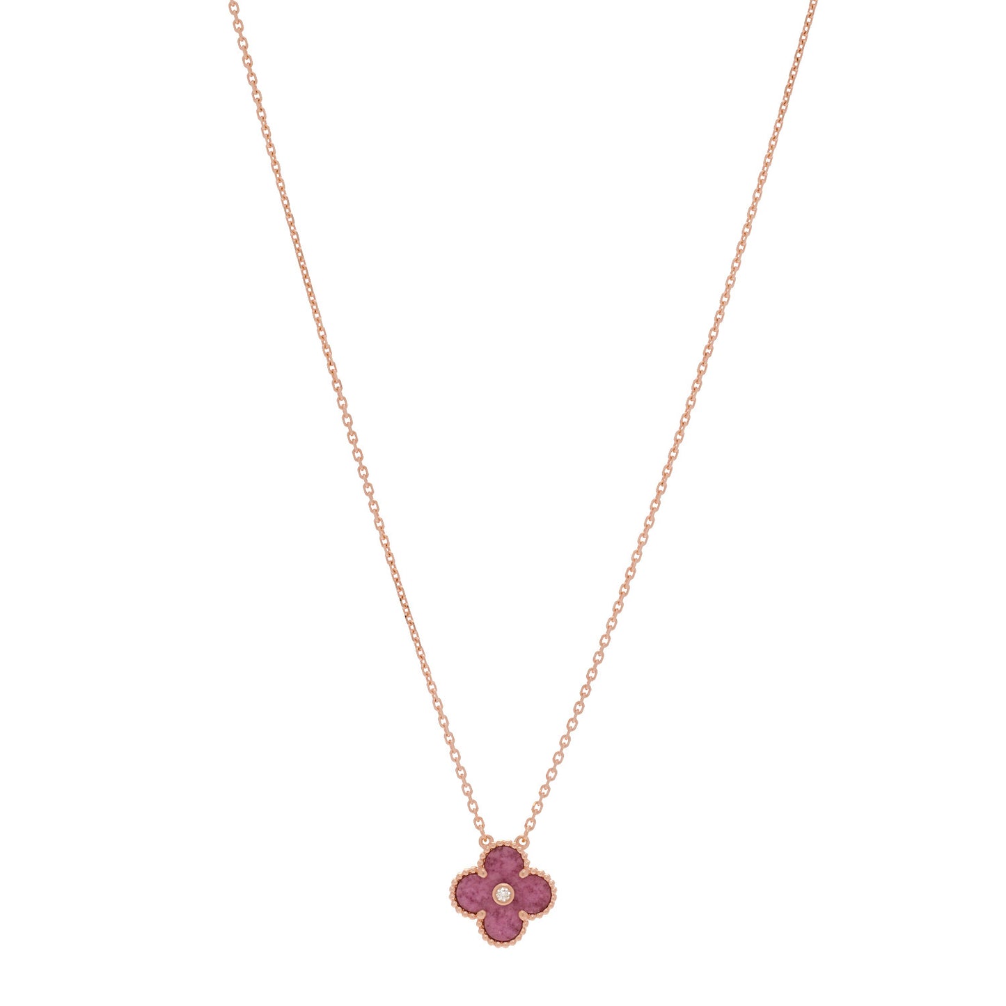 18K Rose Gold Diamond Rhodonite Vintage Alhambra Pendant Necklace