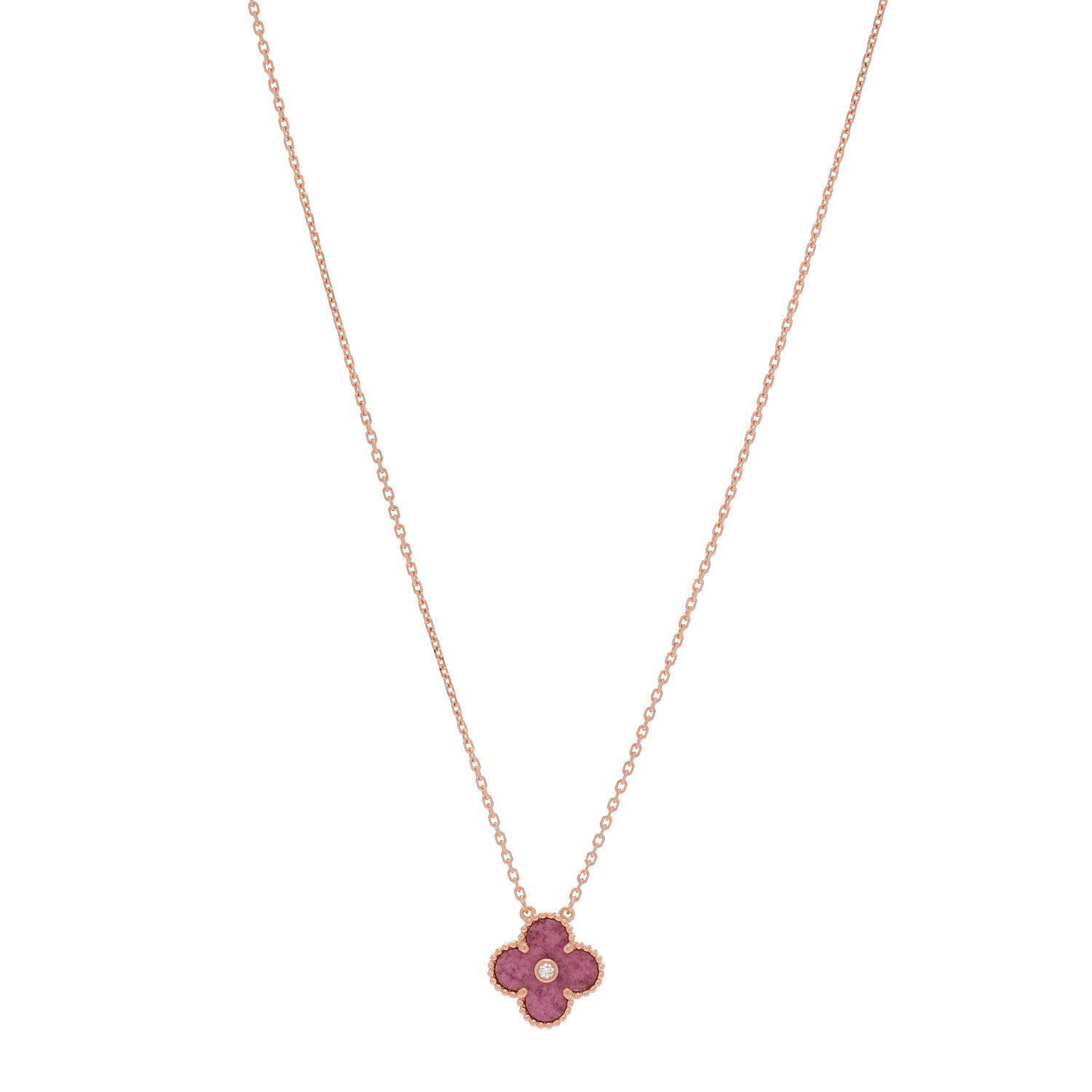 Van Cleef & Arpels 18K Rose Gold Diamond Rhodonite Vintage Alhambra Pendant Necklace 1 of 5