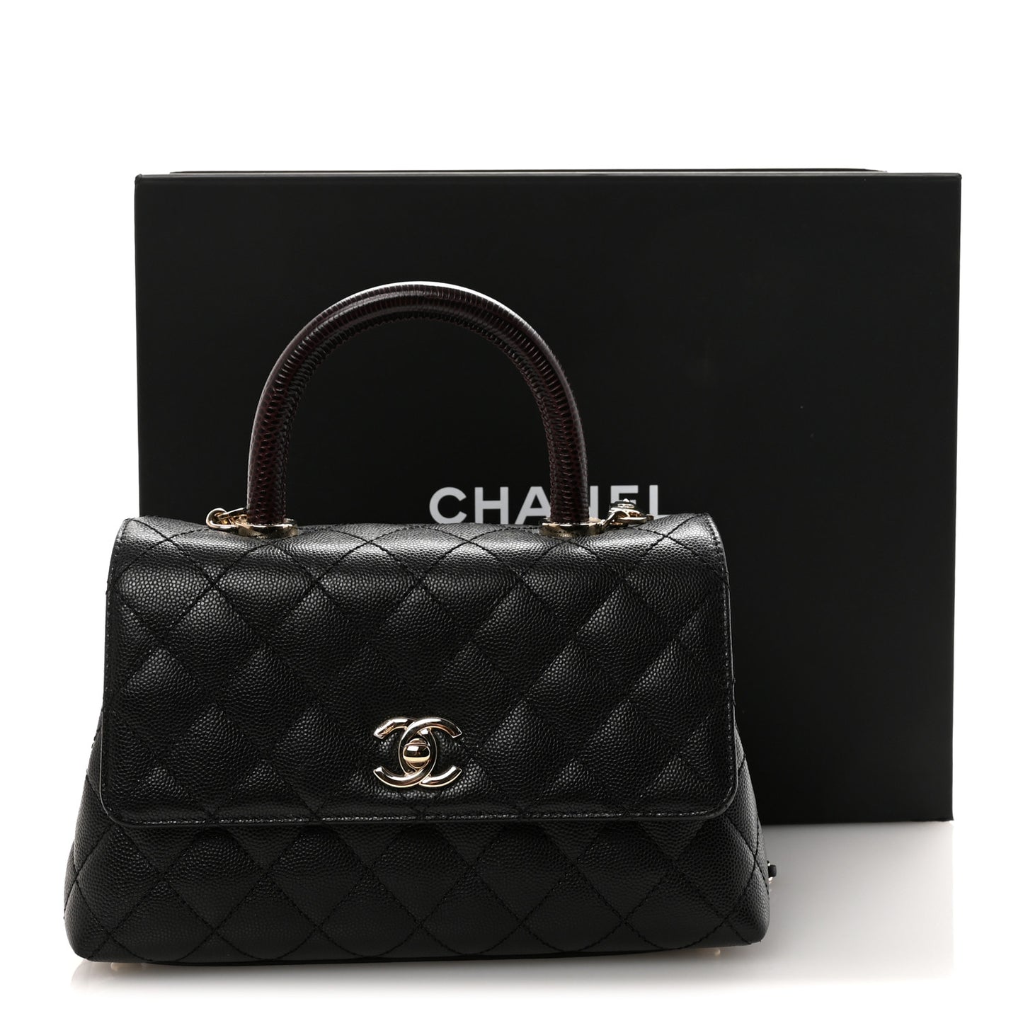 Caviar Lizard Embossed Quilted Mini Coco Handle Flap Black