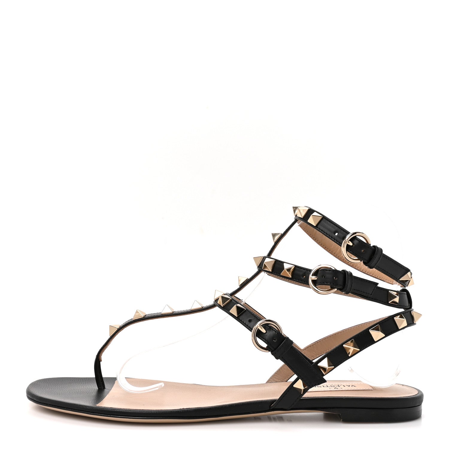Valentino Garavani Calfskin Rockstud Ankle Wrap Flat Thong Sandals 39 Black 1 of 11