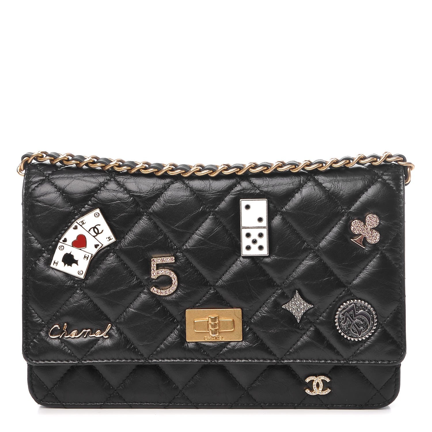 Chanel Aged Calfskin Quilted Lucky Charms Casino 2.55 Reissue Wallet On Chain WOC Black 1 of 10