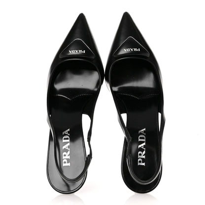 Prada Spazzolato Triangle Logo Pointed Toe 75mm Slingback Pumps  38 Black 2 of 11