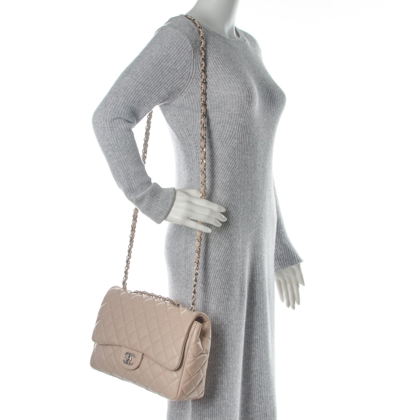 Washed Caviar Quilted Jumbo Single Flap Beige Clair