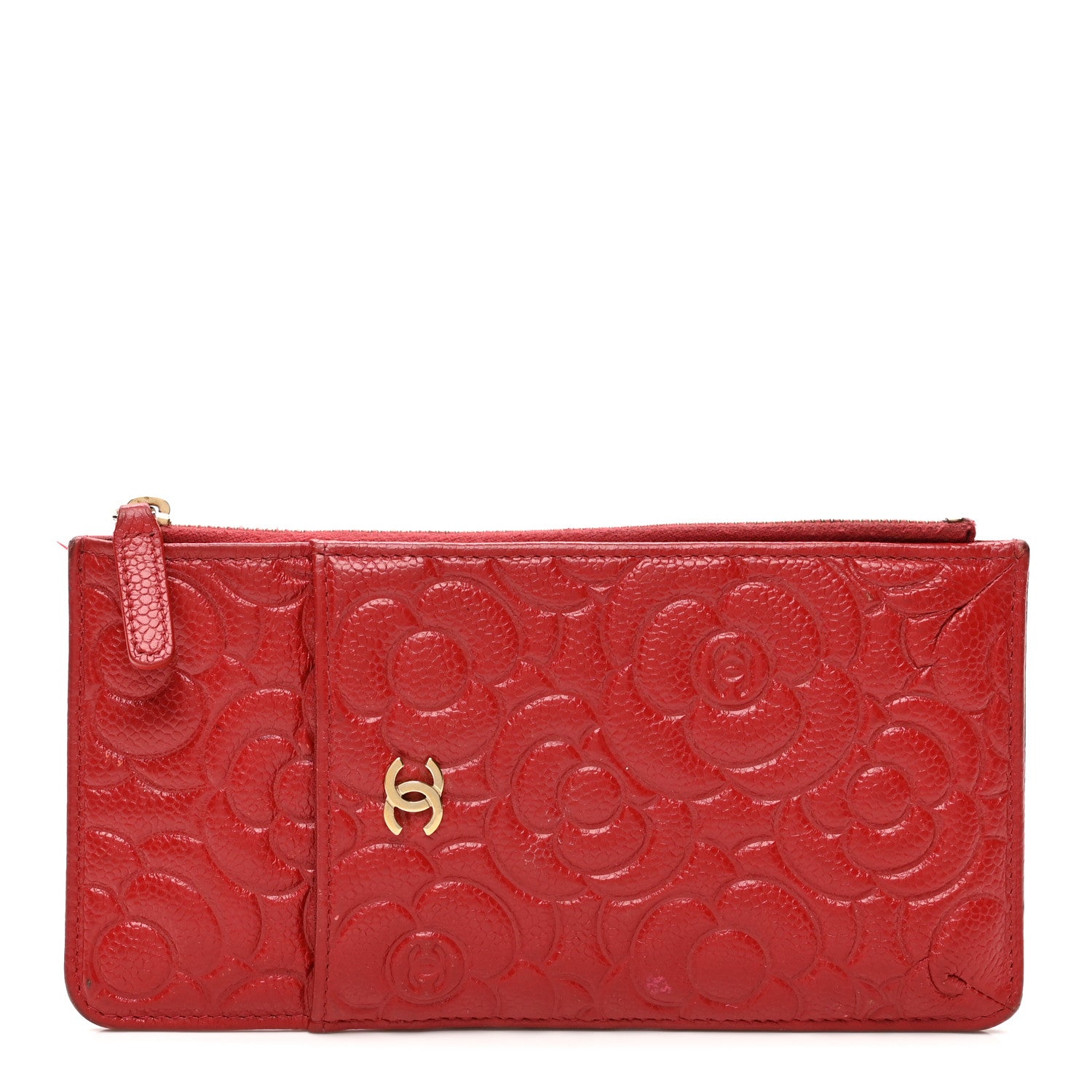 Chanel Caviar Camellia Embossed Classic Flat Wallet Pouch Red 1 of 8
