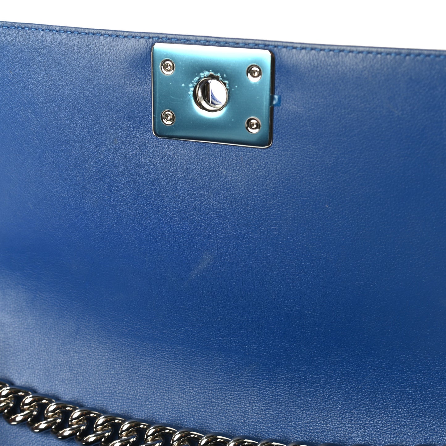 Patent Calfskin Quilted Medium Plexiglass Boy Flap Blue