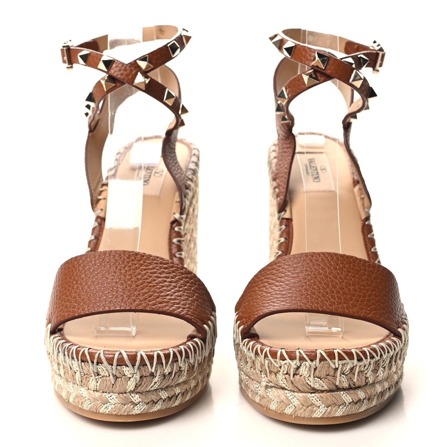 Grained Calfskin Rockstud Ankle Strap Espadrille Wedge Sandals 39 Cuoio Natural