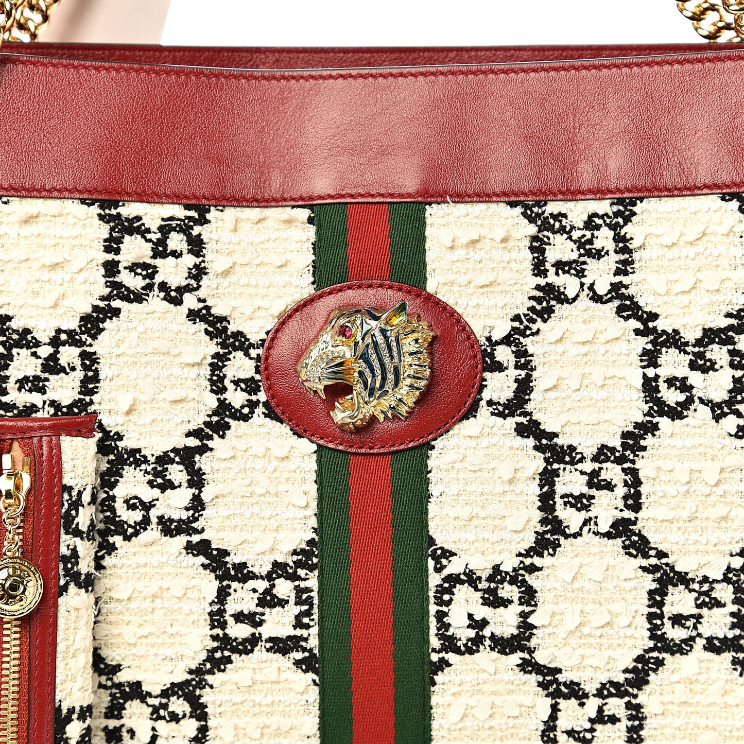 Tweed GG Monogram Large Rajah Chain Tote White Black Romantic Cherry