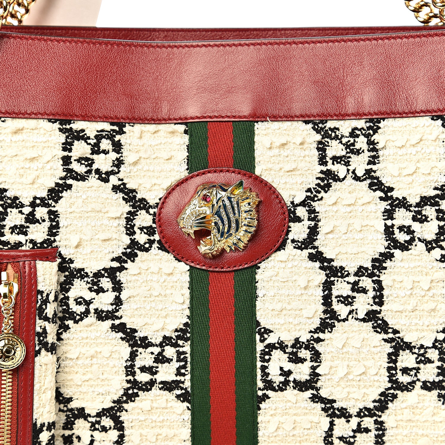 Gucci Tweed GG Monogram Large Rajah Chain Tote White Black Romantic Cherry 9 of 9