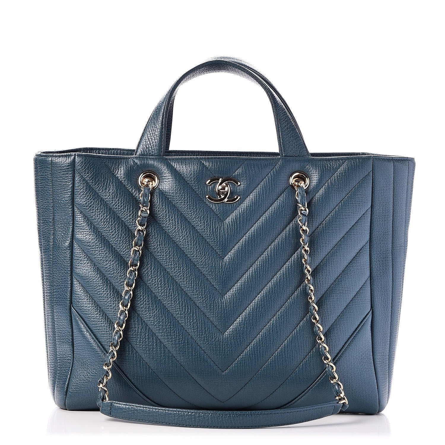 Chanel Metallic Calfskin Chevron Quilted Statement Shopping Bag Blue 8 of 14