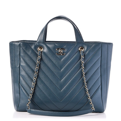 Chanel Metallic Calfskin Chevron Quilted Statement Shopping Bag Blue 8 of 14