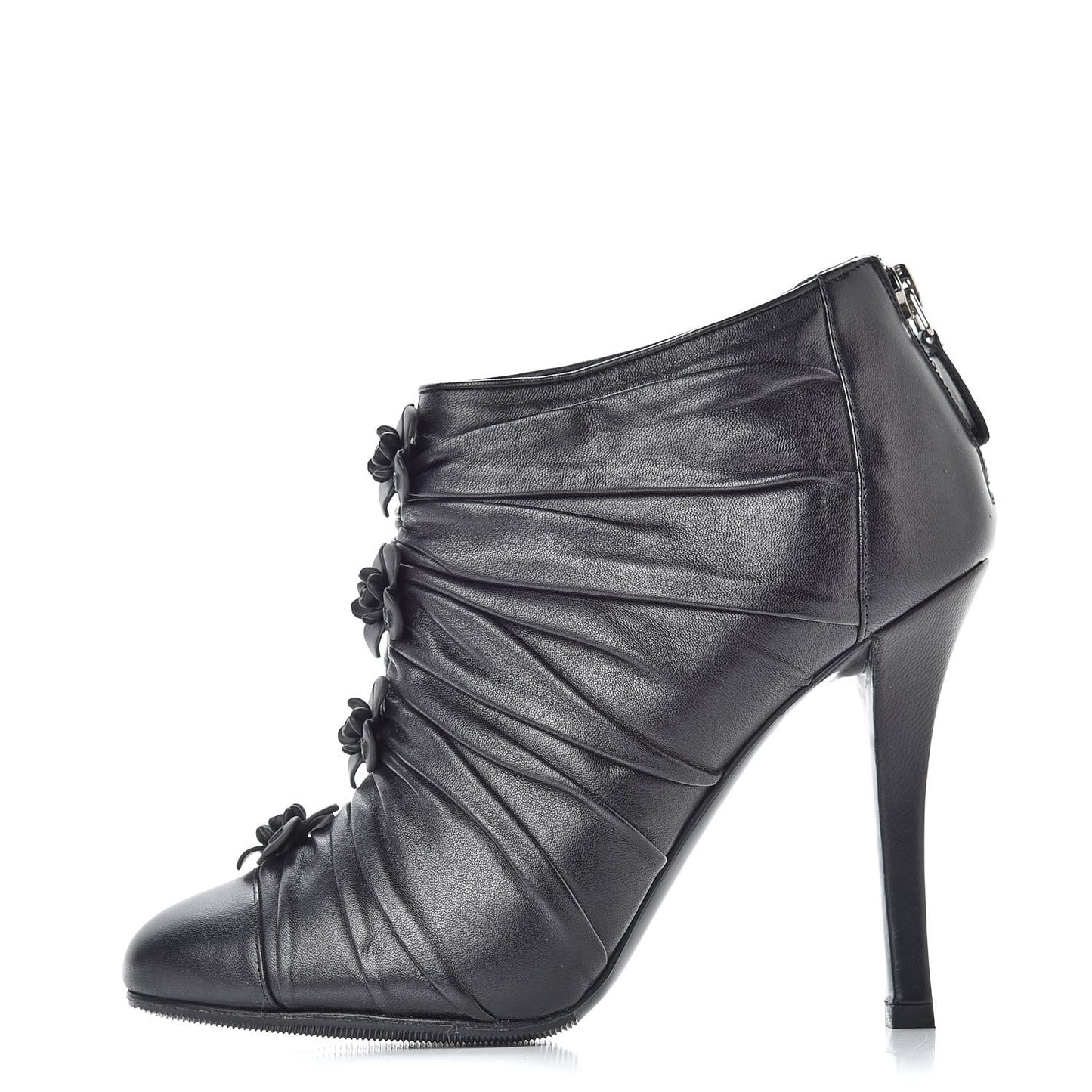 Calfskin Camellia Flowers Cap Toe Booties 36.5 Black