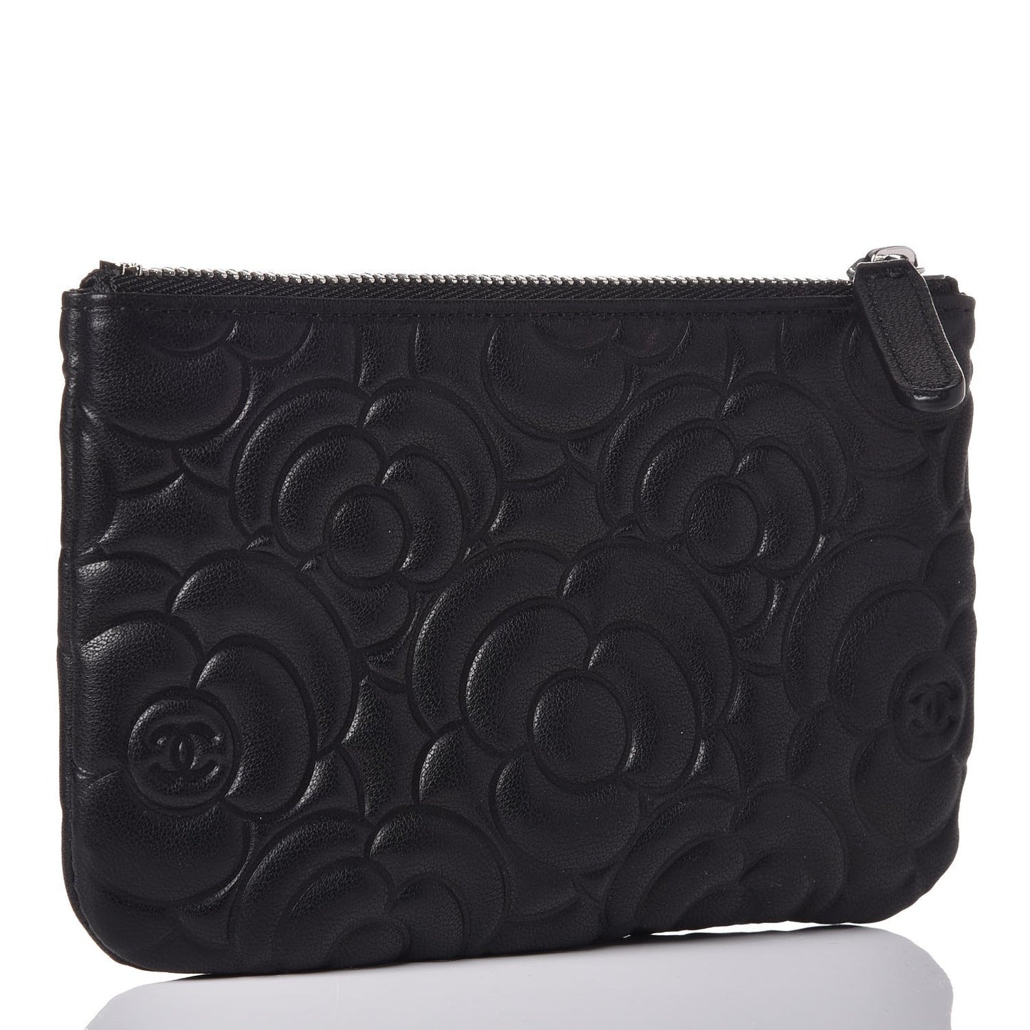 Goatskin Camellia Embossed Cosmetic Pouch Black