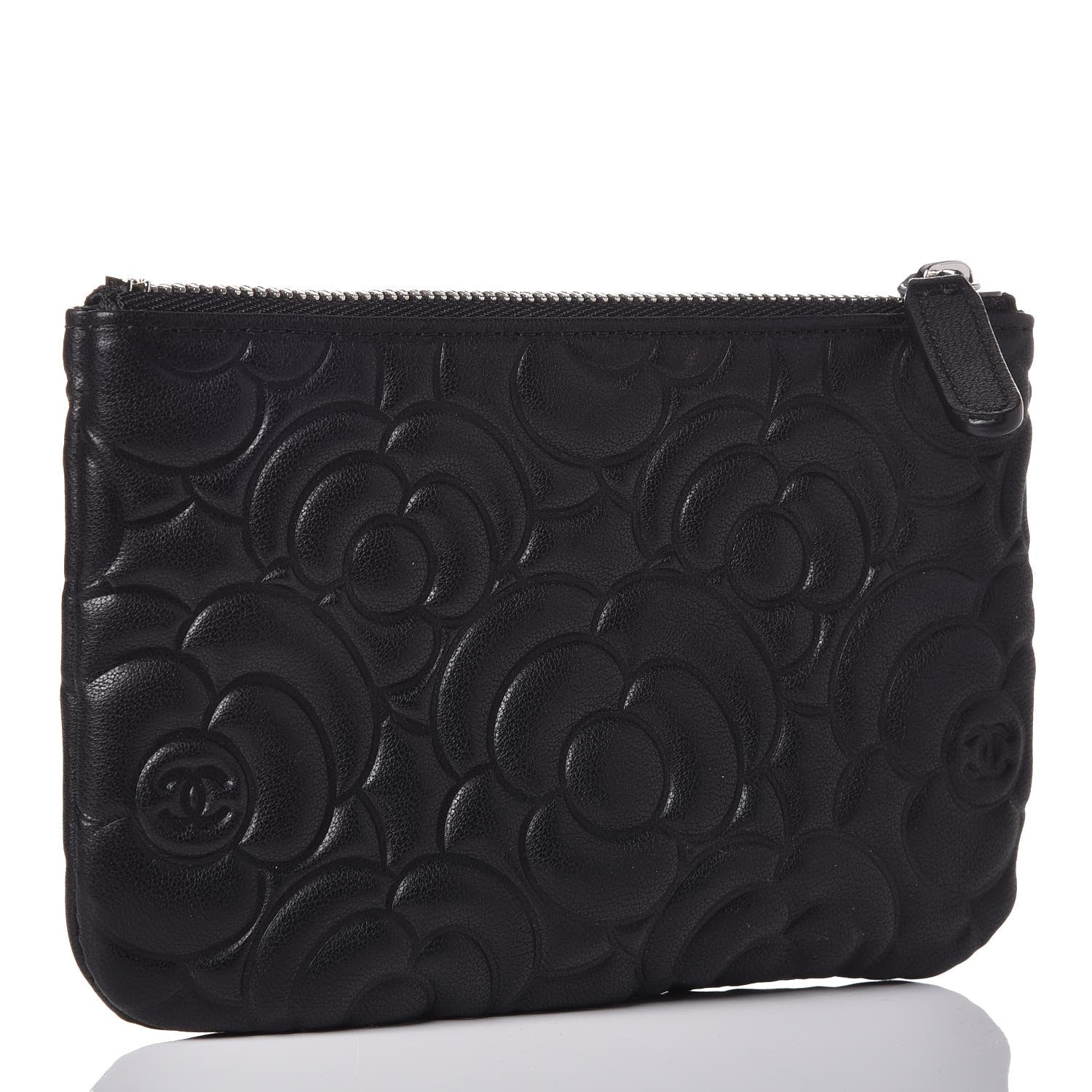 Chanel Goatskin Camellia Embossed Cosmetic Pouch Black 3 of 8