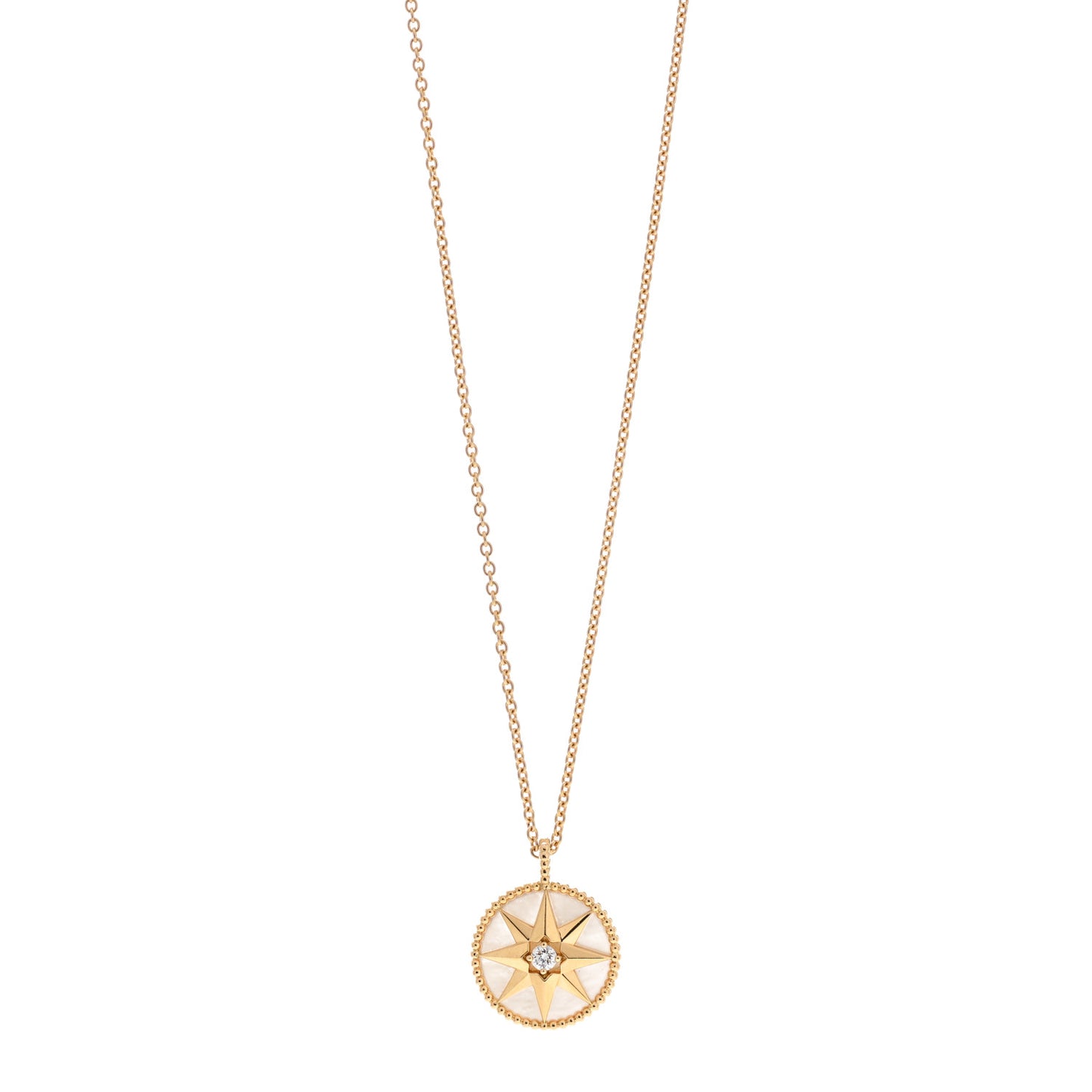 18K Yellow Gold Diamond Mother of Pearl Rose Des Vents Medallion Necklace