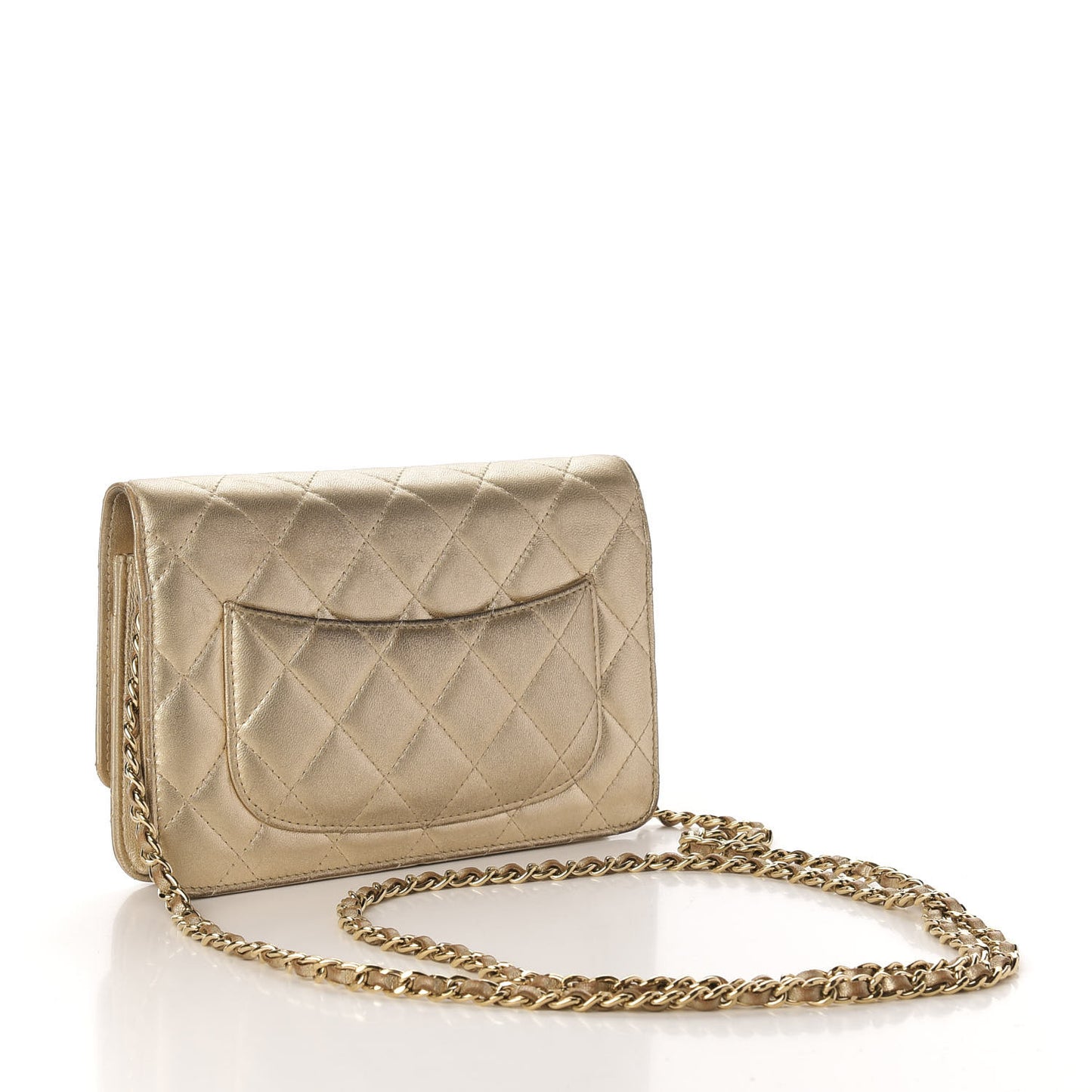 Metallic Lambskin Quilted Wallet On Chain WOC Gold